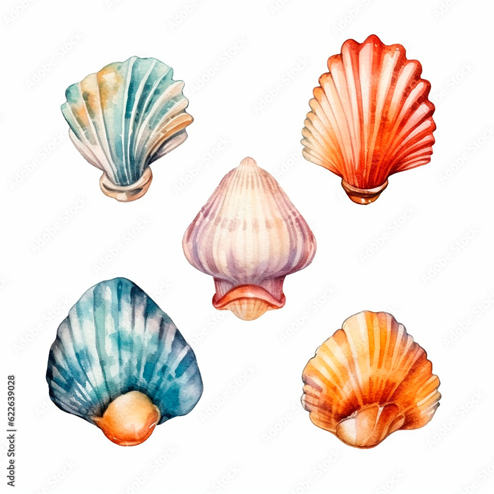 shell set watercolor on a white background created with Generative Ai shell set watercolor on a white background created with Generative Ai