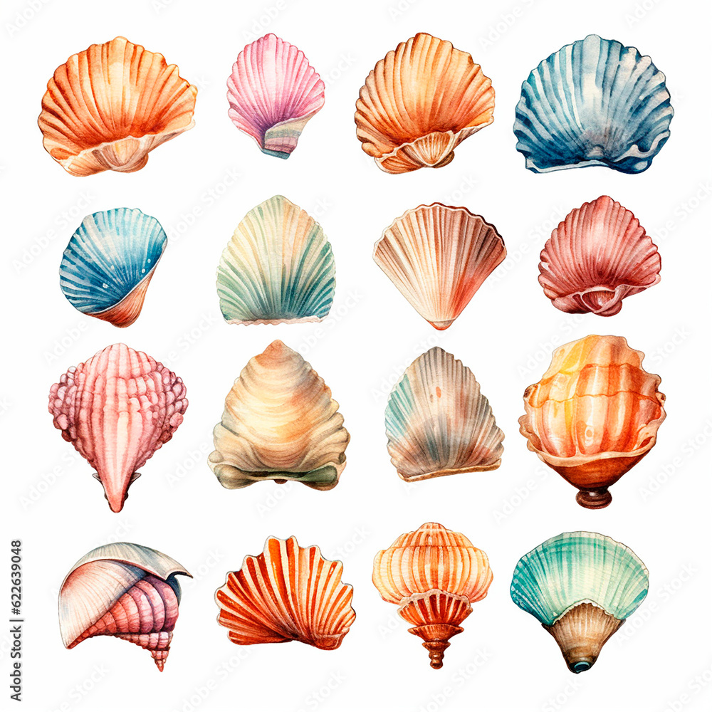 shell set watercolor on a white background created with Generative Ai shell set watercolor on a white background created with Generative Ai