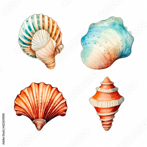 shell set watercolor on a white background created with Generative Ai