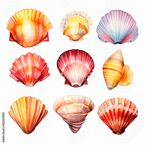 shell set watercolor on a white background created with Generative Ai