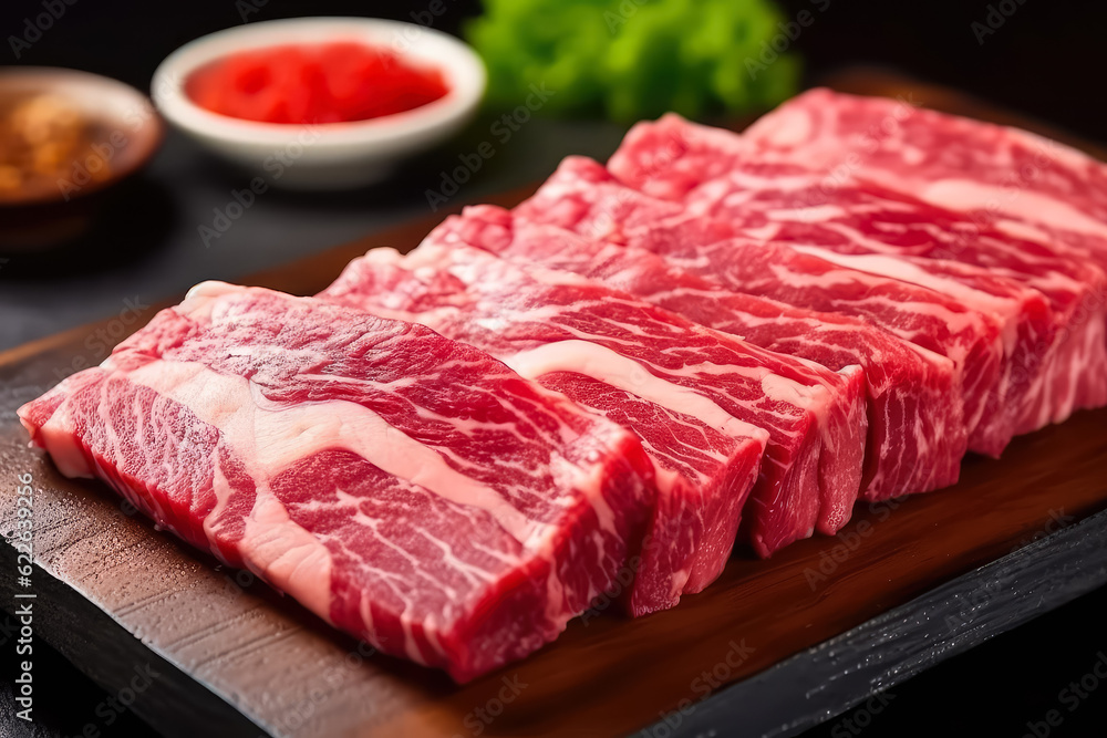 Barbecue Steak raw Japanese Wagyu beef a5 , There is fat between the meat , Created with Generate Ai Technology
