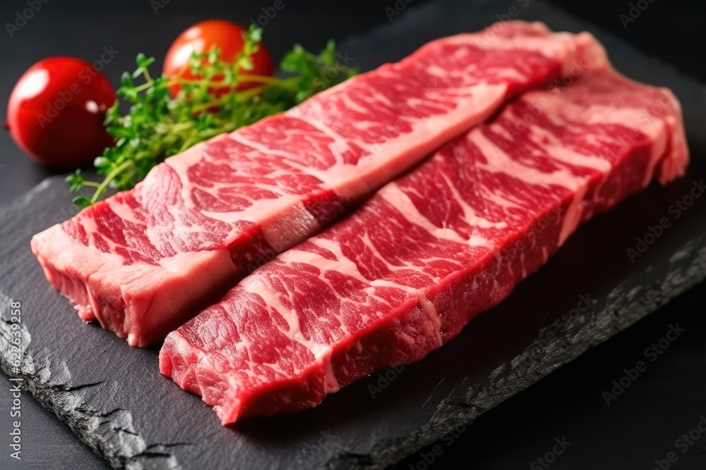Barbecue Steak raw Japanese Wagyu beef a5 , There is fat between the meat , Created with Generate Ai Technology Barbecue Steak raw Japanese Wagyu beef a5 , There is fat between the meat , Created with Generate Ai Technology