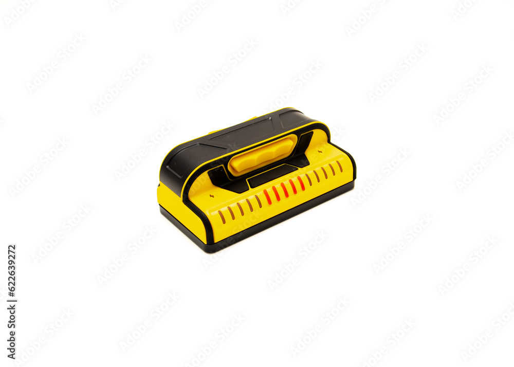 Stud finder with 9 precision sensors precision spacing of the LEDs, live voltage detector tester, built in bubble level, integrated ruler isolated on white background Stud finder with 9 precision sensors precision spacing of the LEDs, live voltage detector tester, built in bubble level, integrated ruler isolated on white background