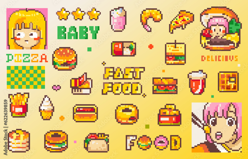 Pixel art fast food sticker set. 8bit retro video game elements like pizza, burger, fries, ice cream, breakfast tasty meal, sandwich, drink, Vector graphic for icons, stickers, emoji, avatars. 