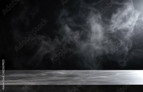 Empty marble table with smoke on black background. High quality photo