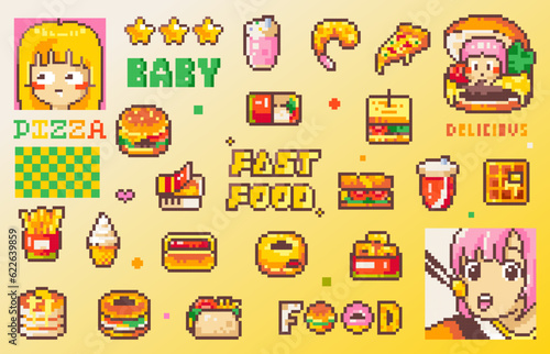 Pixel art fast food sticker set. 8bit retro video game elements like pizza, burger, fries, ice cream, breakfast tasty meal, sandwich, drink, Vector graphic for icons, stickers, emoji, avatars. 