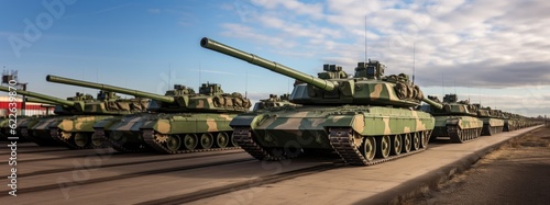 Panoramic Shot of Military Tanks Parked at Train Depot for Swift Transportation and Logistics: A Strategic Generative AI Illustration
