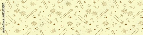 Vector seamless pattern of cinnamon sticks, star anise, carnation, pepper in doodle style. Background or texture of seasonings, food additive, spices
