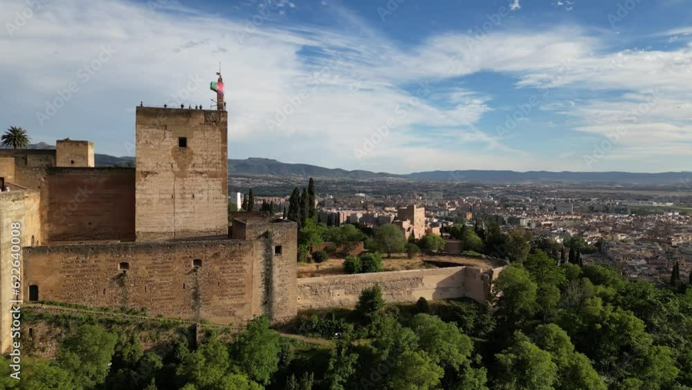Aerial view of Torre de la Vela (Watch Tower) in Granada, Andalusia, Spain Aerial view of Torre de la Vela (Watch Tower) in Granada, Andalusia, Spain
