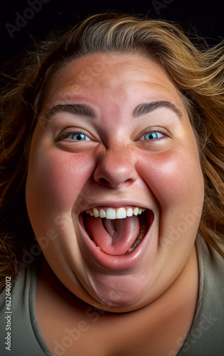 Close-up on the face of a fat WOman with a jovial and smiling appearance, expressing joie de vivre