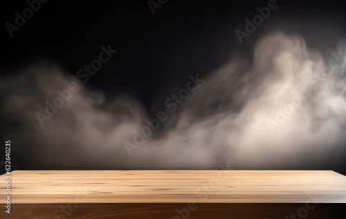 Wooden table and smoke on black background. High quality photo