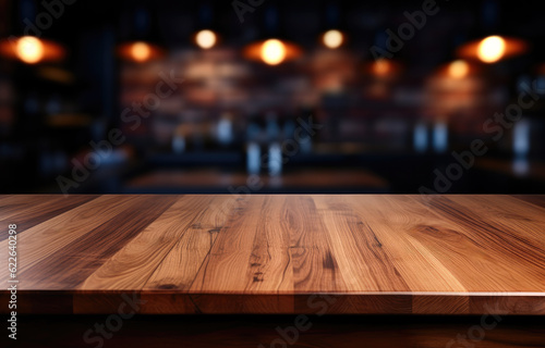 Empty wooden table rustic and blurred background of bar or pub. For product display. High quality photo