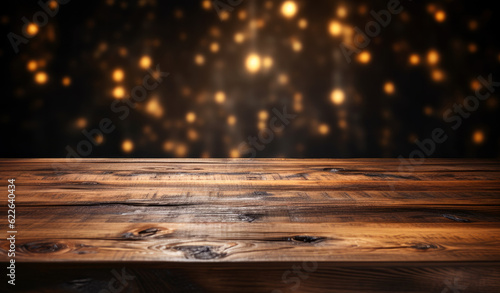 Wooden old table with bokeh lights background. Ready for product display montage. High quality photo