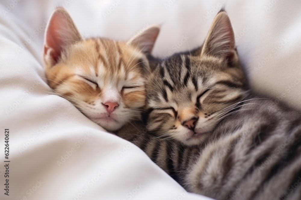 Top view of two small striped domestic kittens hugging and sleeping in the plaid. Generative AI Top view of two small striped domestic kittens hugging and sleeping in the plaid. Generative AI