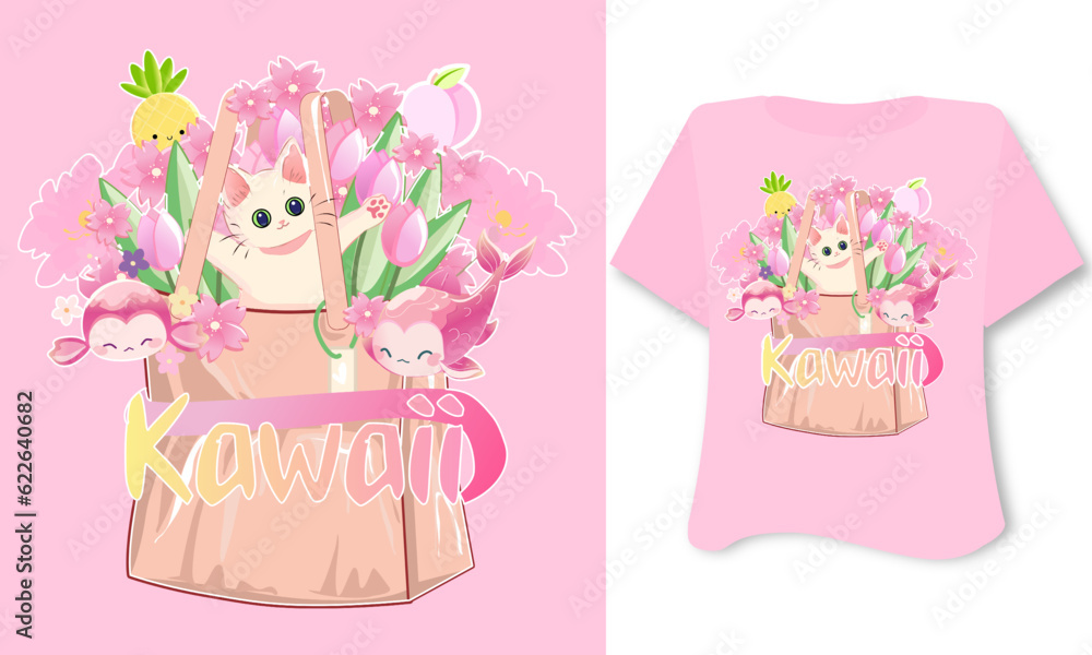 Cute kawaii cat in pink flowers print for t-shirt card, poster, kids illustration, kids room, notepad on pink background 