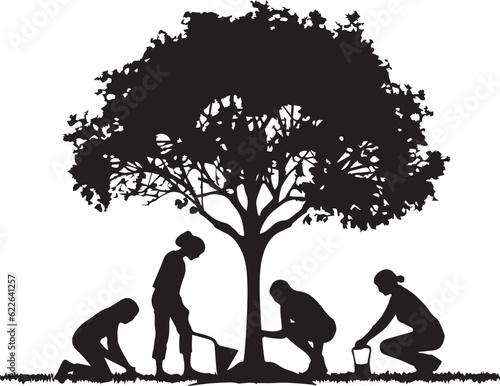 Silhouette group of people planting a tree, Vector Illustration, SVG