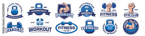 Fitness logo set. Workout sign set. Flat style.