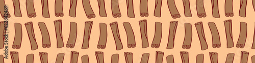 Vector seamless pattern of contour cinnamon stick in flat doodle style. Background or texture with seasoning, spice, ingredient for baking, hot drinks, aromatherapy, cooking
