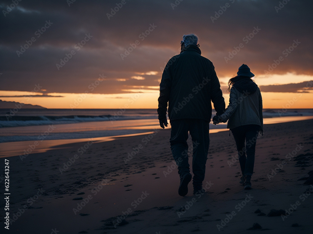elderly couple walking on the beach