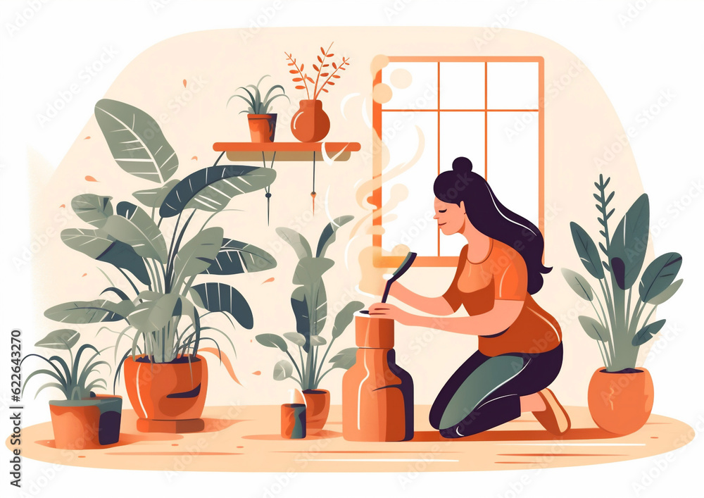 pot woman gardener botanist houseplant indoor florist entrepreneur hobby person flower. Generative AI.