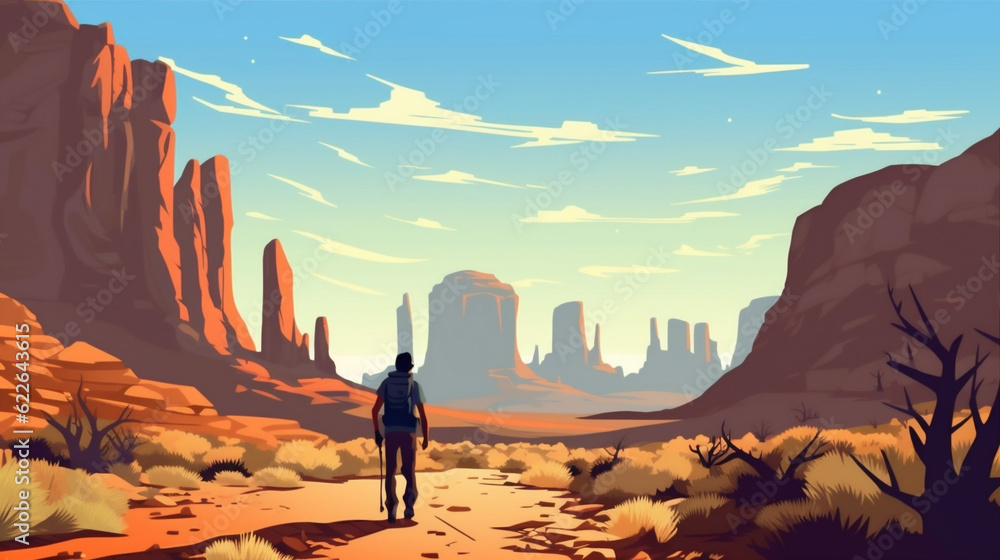 Fototapeta premium man journey trek adventure backpack travel landscape hike footprint desert walking. Generative AI.