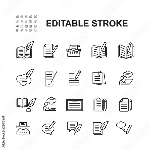 Simple Set Of Text Related Vector Line Icons. Contains Icons Writing with feather pen and more.