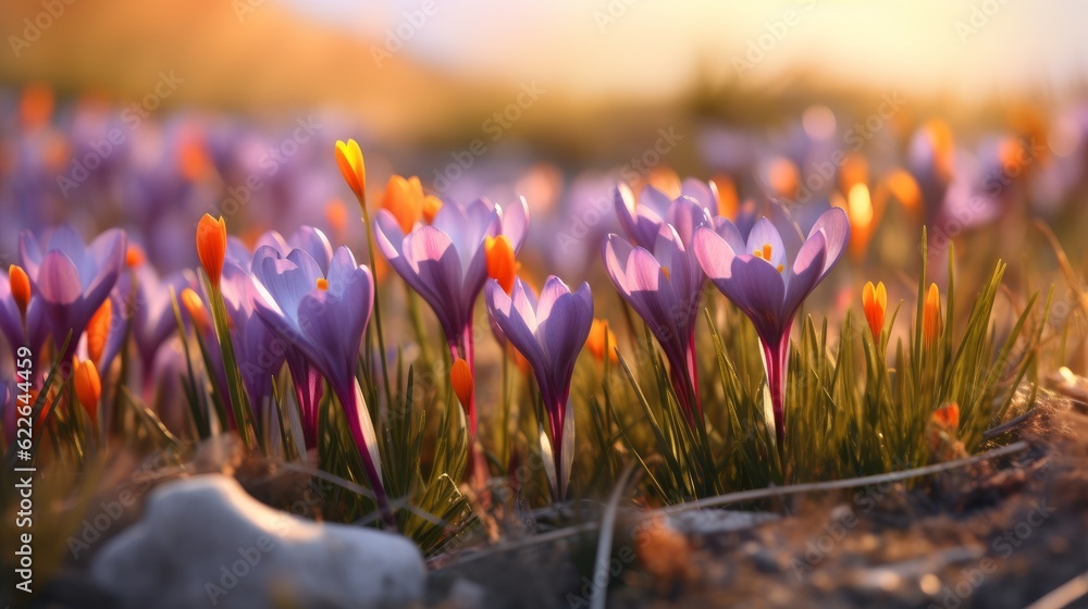 Wild flower Saffron crocuses meadow in spring