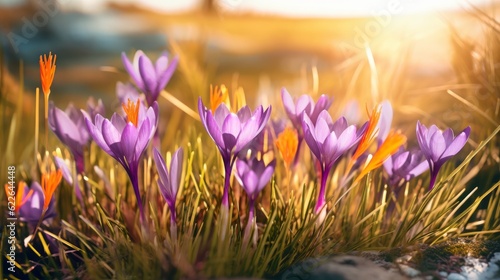 Wild flower Saffron crocuses meadow in spring © MaVeRa