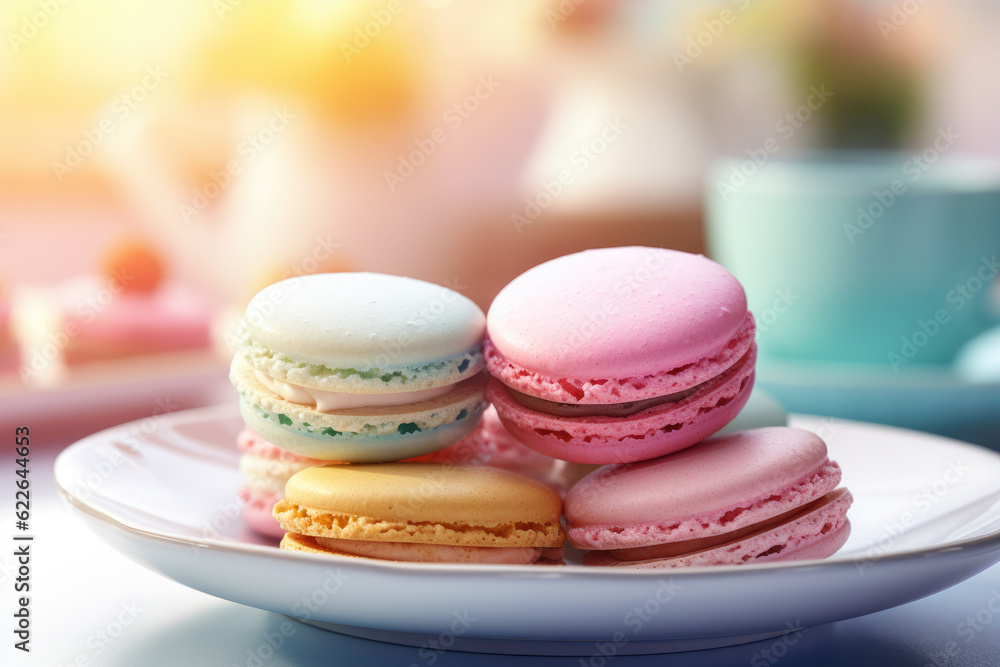 Obraz premium Multicolored delicious macaroons on blurred light morning background with sunlight. A plate with colorful macaroons on the table.