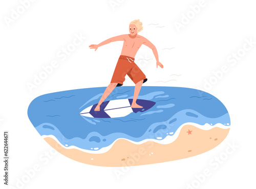 Happy active man skimming, surfing on skimboard. Surfer standing on water board in sea on summer holiday, vacation. Outdoor sport activity. Flat vector illustration isolated on white background