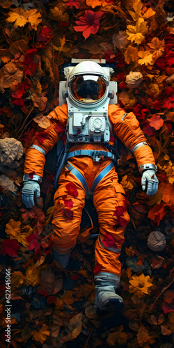Astronaut lies on fallen autumn leaves, coming of autumn, top view, generative ai