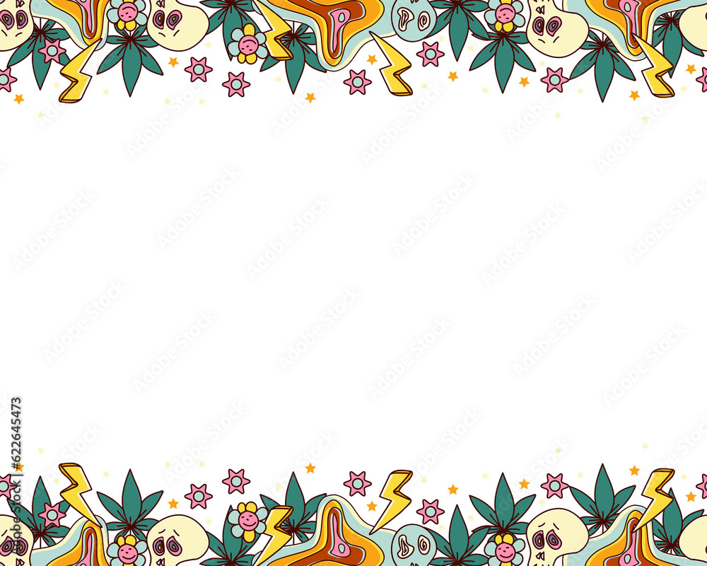 Fototapeta premium Groovy doodles frame. 70s Hippies hand drawn elements.