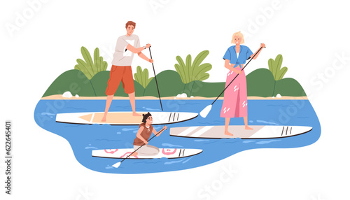 Family riding sup boards together. Parents and child on supboards with paddles, surfing, floating on water. Mother, father and kid in summer. Flat vector illustration isolated on white background