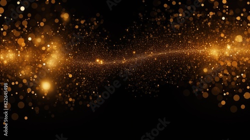 Background of sparkling golden light particles on a black background, ideal illustration for Christmas. Generative AI