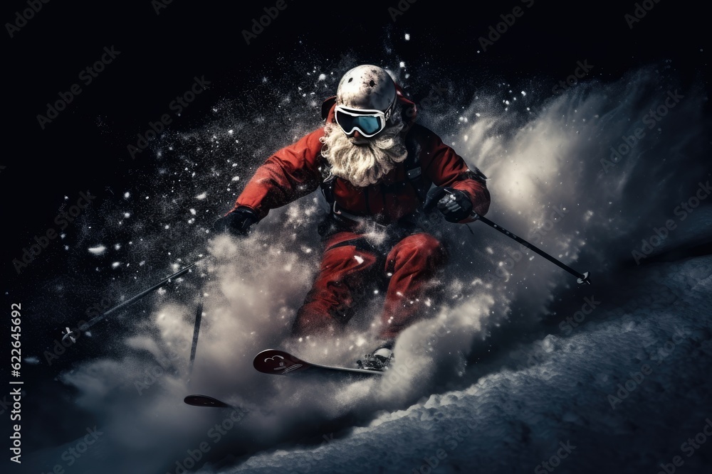 Santa Claus arrives skiing through the snow, a special illustration for Christmas. Generative AI Santa Claus arrives skiing through the snow, a special illustration for Christmas. Generative AI