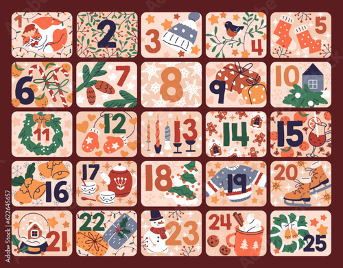 Advent calendar design for winter holiday. Christmas eve countdown, december cards with day numbers. Xmas and New Year planner, noel decoration, festive stickers for gifts. Flat vector illustration