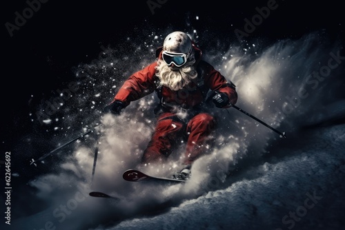 Santa Claus arrives skiing through the snow, a special illustration for Christmas. Generative AI © Gelpi