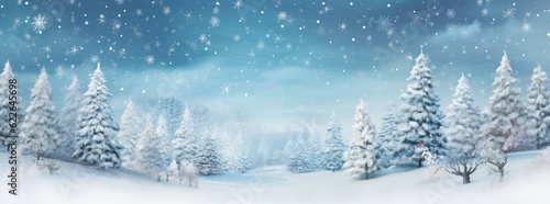 Snow-covered Christmas trees with falling snow, in shades of white and sky blue. Generative AI © Gelpi