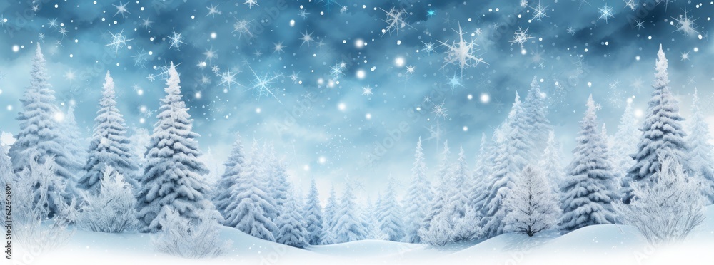 Snow-covered Christmas trees with falling snow, in shades of white and sky blue. Generative AI