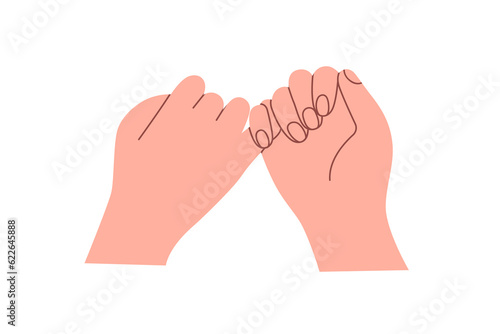 Hands crossing tow little fingers for promise, making peace. Two pinkies swearing, pledging together. Reconciliation, reunion, trust concept. Flat vector illustration isolated on white background