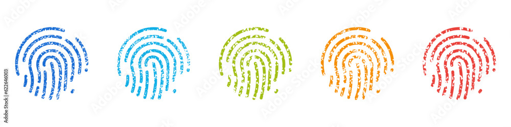 Human Finger Print in Different Colors Icons Set. Biometric Identification, Thumbprint Silhouette Pictogram. ID Symbol. Unique Fingerprint. Security and Protection Sign. Isolated Vector Illustration Human Finger Print in Different Colors Icons Set. Biometric Identification, Thumbprint Silhouette Pictogram. ID Symbol. Unique Fingerprint. Security and Protection Sign. Isolated Vector Illustration