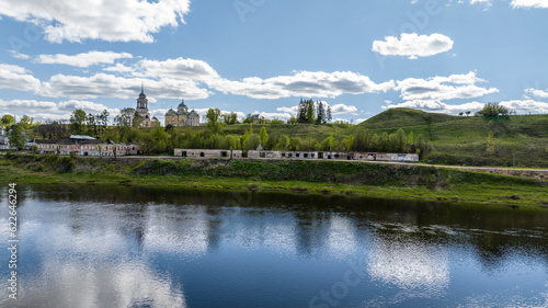 panoramic view from a drone of the river and the ancient Kremlin on a sunny day taken from a drone