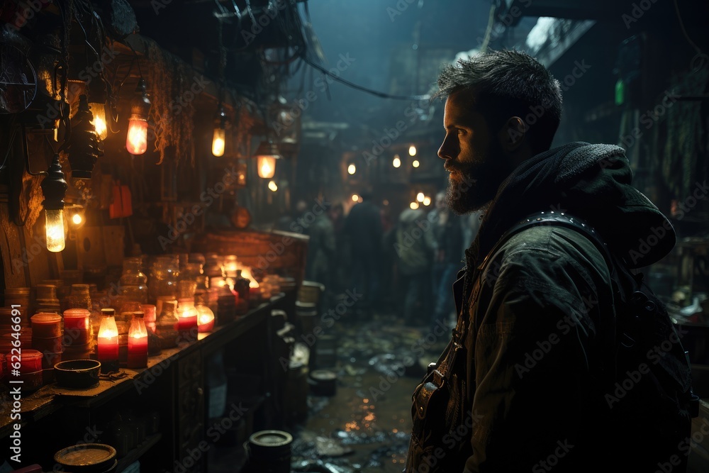 Survivors forage in a desolate supermarket. Generative AI Survivors forage in a desolate supermarket. Generative AI