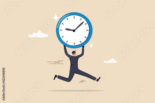 Steal time, productivity or procrastination problem, work efficiency to finish in deadline, strategy or accomplishment concept, burglar thief stealing time clock and run away. photo