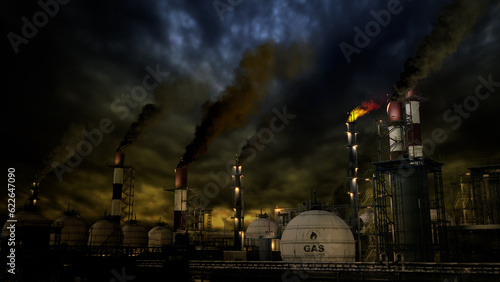 clear gas or gasoline power plant with storages at night, fictitious design - industrial 3D rendering