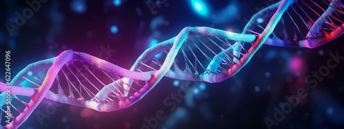 Dna helix (deoxyribonucleic acid) enlarged model in blue and pink neon light colors and spots on dark background illustration (Generative Ai)