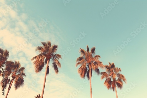 Vintage Vibes Retro-Toned Palm Trees with Sky as Copy Space. Generative AI