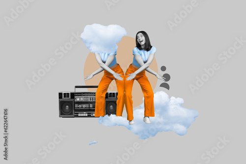Full body collage photo of young crazy funky woman dancing boogie woogie listen retro boombox party drunk girl isolated on grey background photo