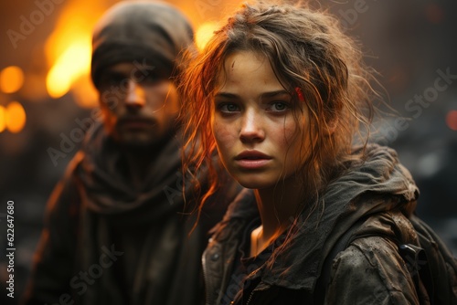 A rebel hero stares at the fiery ruins of a dystopian landscape. Generative AI