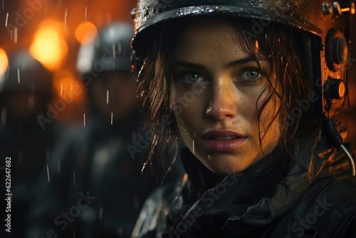 A rebel hero stares at the fiery ruins of a dystopian landscape. Generative AI